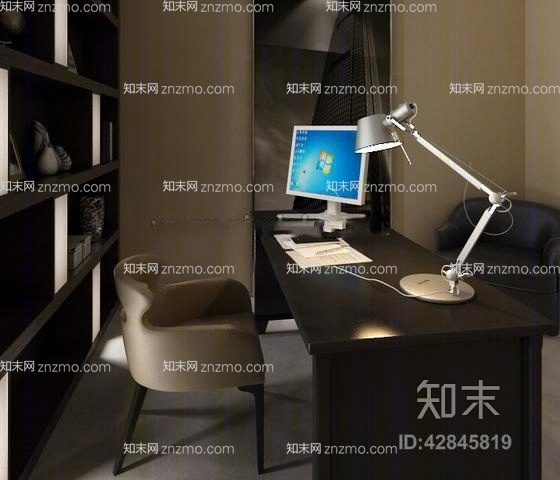 现代棕色木艺办公桌椅组合3D模型下载【ID:42845819】