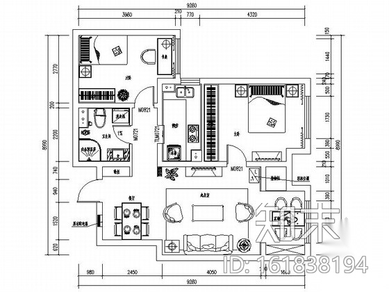 现代中式淡雅二居室住宅室内设计CAD施工图含效果施工图下载【ID:161838194】