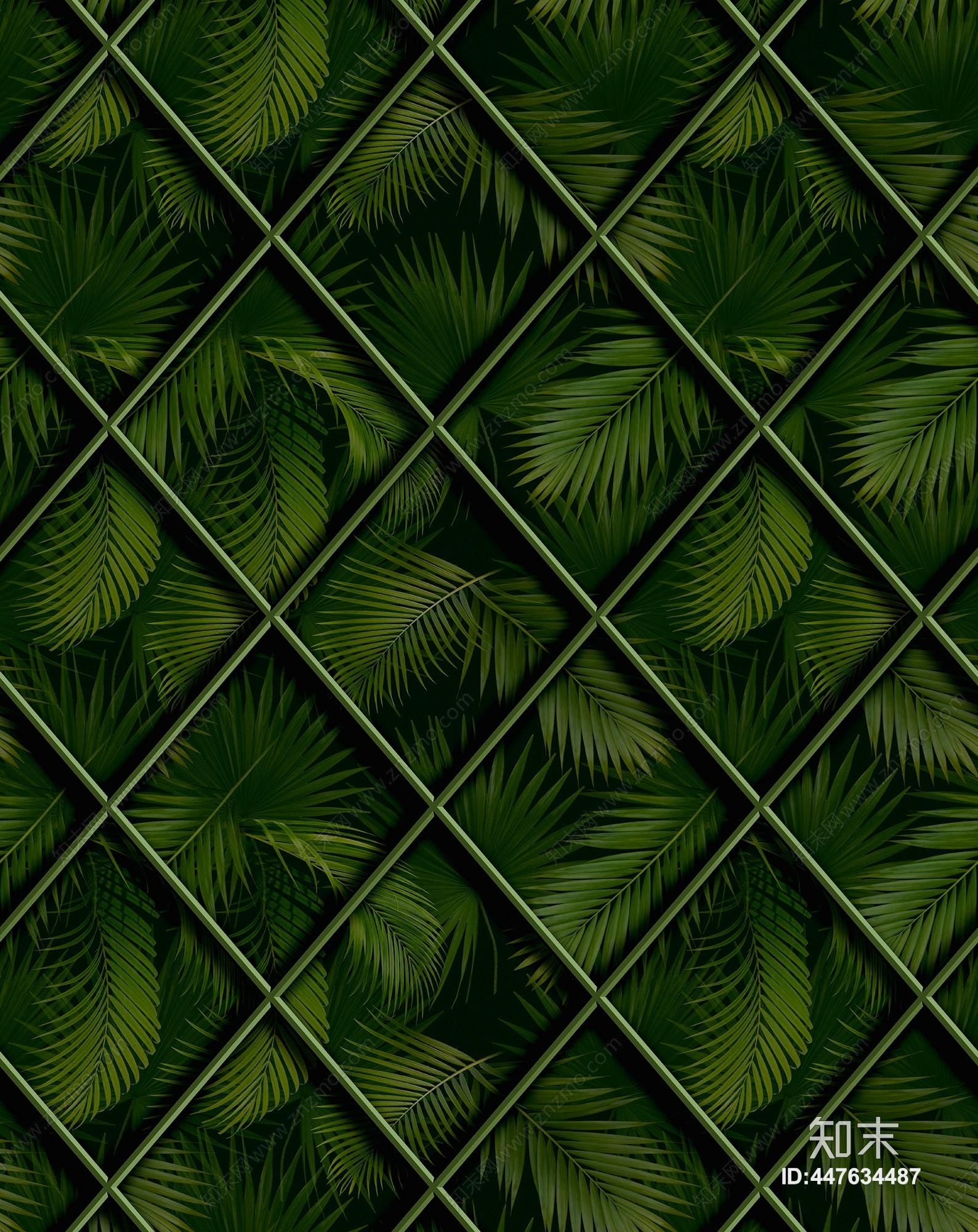 现代简约复古浪漫绿色植物树叶与几何菱格纹线条装饰壁纸壁画贴图下载【ID:447634487】