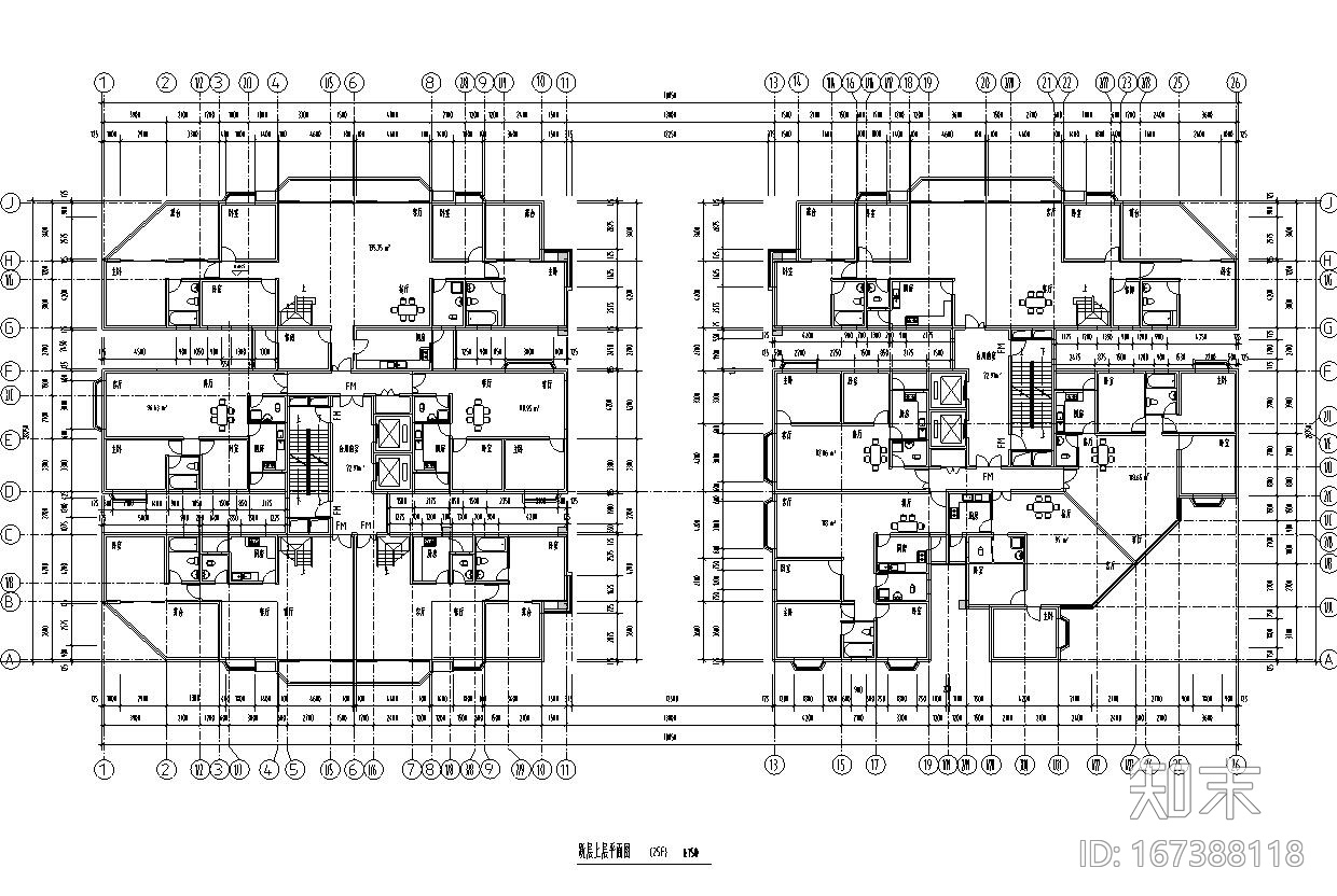 26层双塔式1楼梯2电梯6户住宅楼设计图​cad施工图下载【ID:167388118】