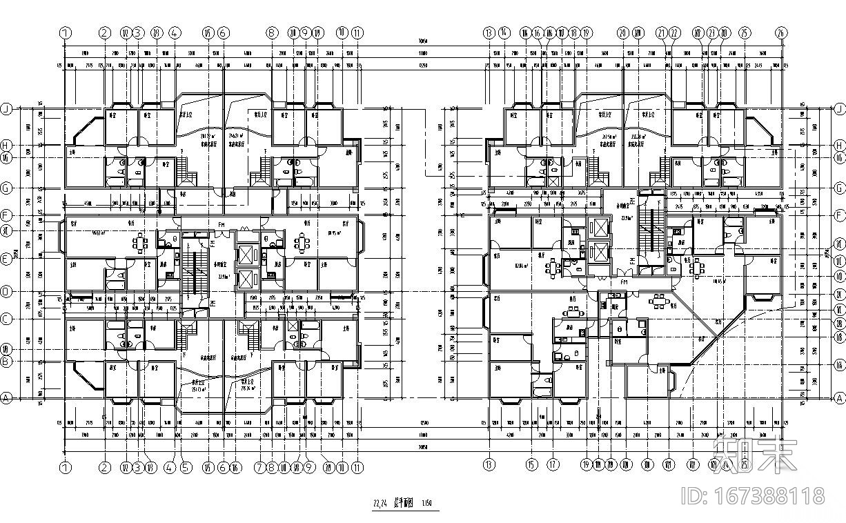 26层双塔式1楼梯2电梯6户住宅楼设计图​cad施工图下载【ID:167388118】