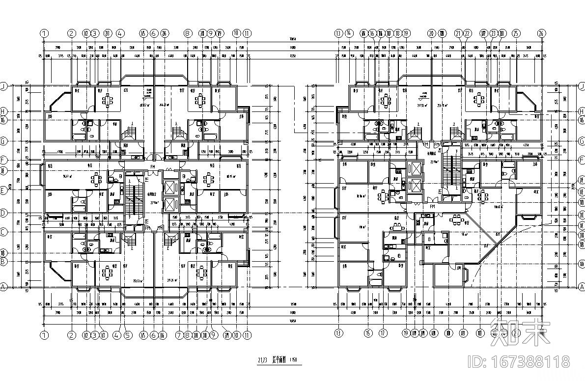 26层双塔式1楼梯2电梯6户住宅楼设计图​cad施工图下载【ID:167388118】