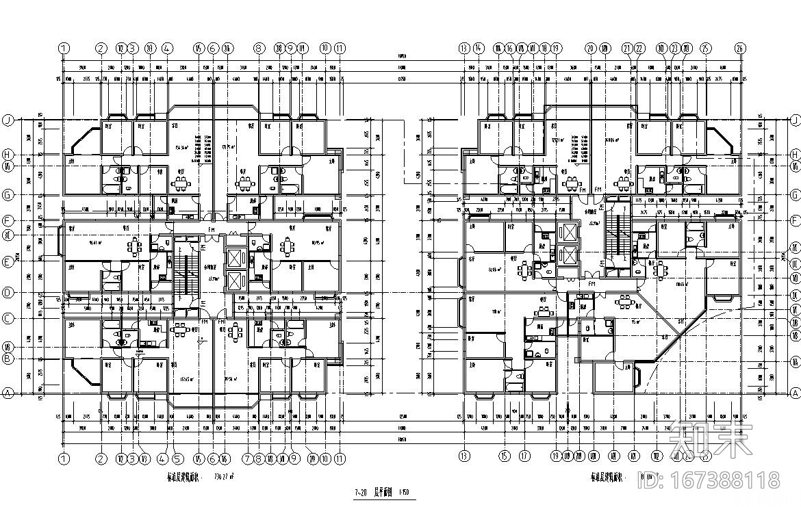 26层双塔式1楼梯2电梯6户住宅楼设计图​cad施工图下载【ID:167388118】