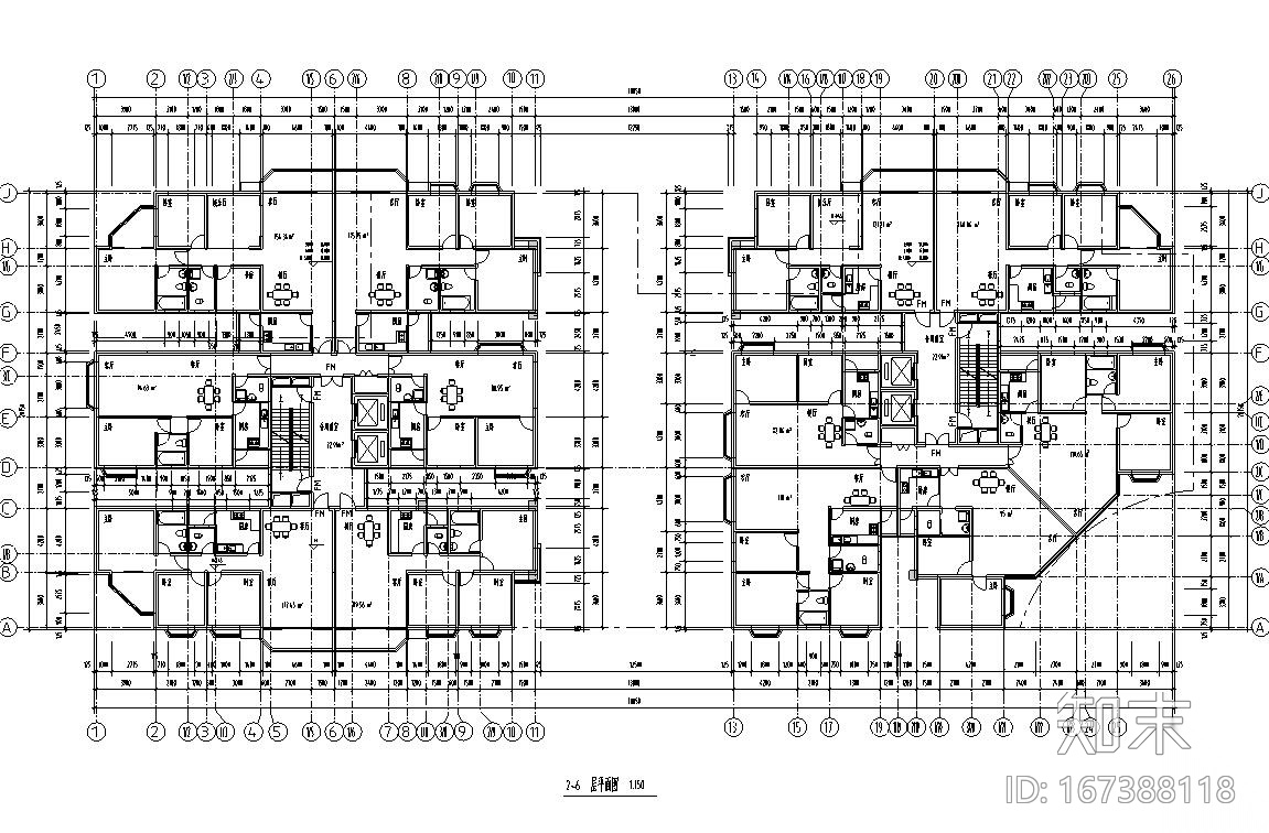 26层双塔式1楼梯2电梯6户住宅楼设计图​cad施工图下载【ID:167388118】