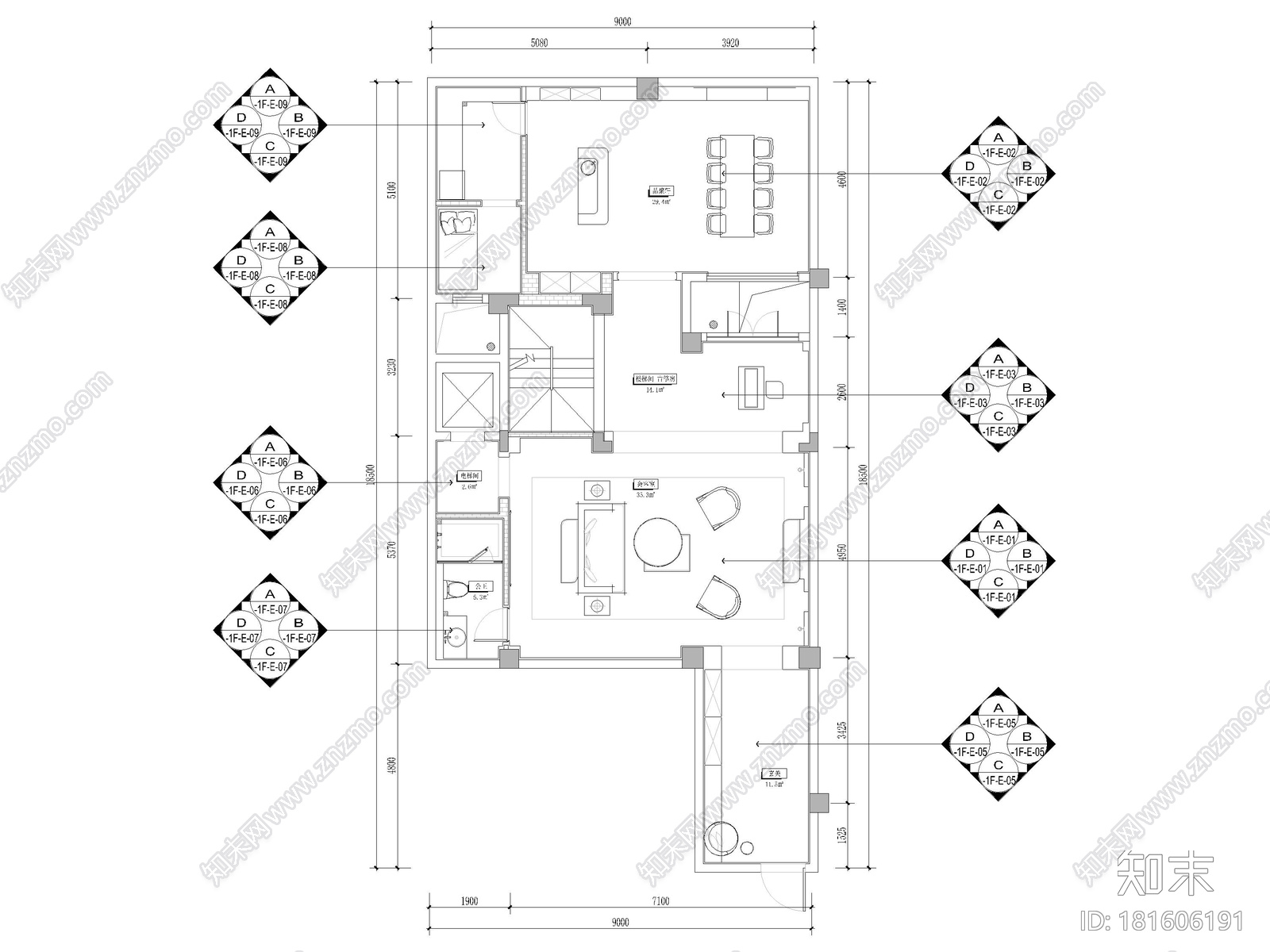 [浙江]282㎡三层三居新中式别墅装修施工图cad施工图下载【ID:181606191】