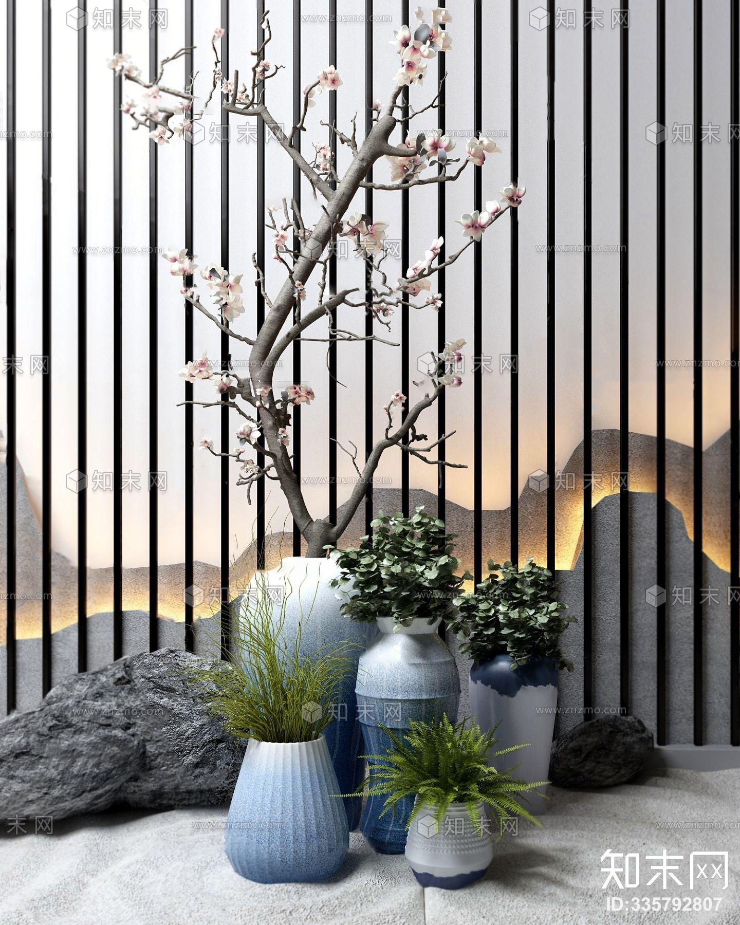 新中式桃树盆栽组合3D模型下载【ID:335792807】