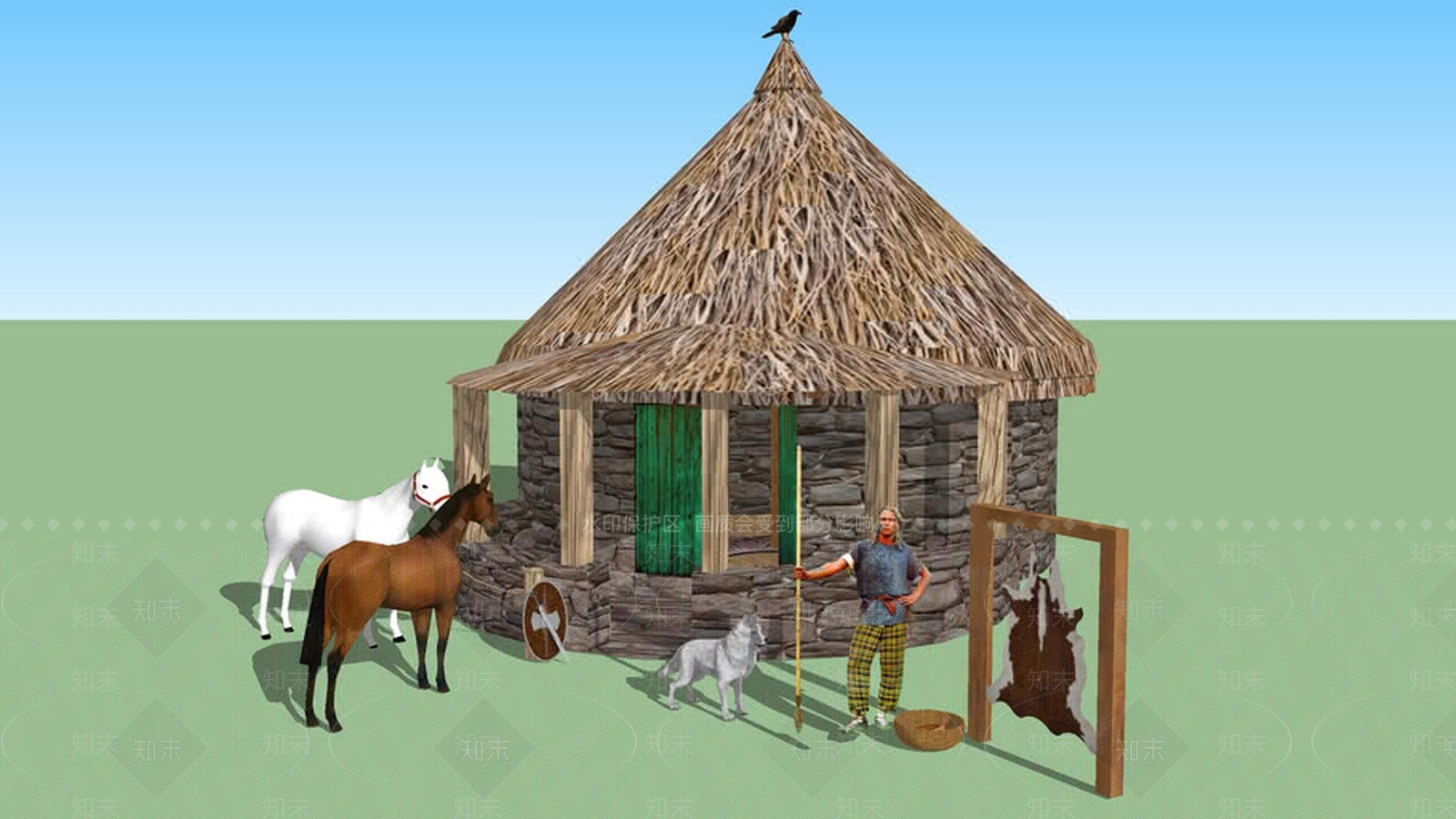 有马和狼狗的凯尔特房子SU模型下载【ID:1162361380】