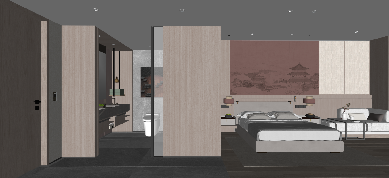 新中式套房卧室SU模型下载【ID:1222194631】