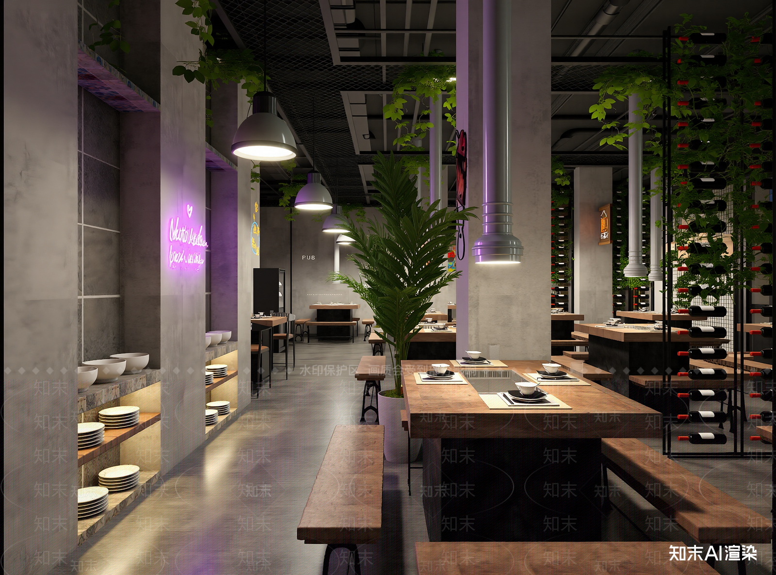 工业风火锅店3D模型渲染效果图
