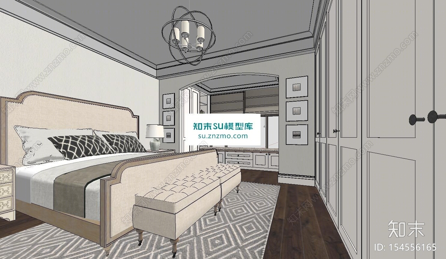 二楼卧室简欧风格软装组合家具SU模型下载【ID:154556165】