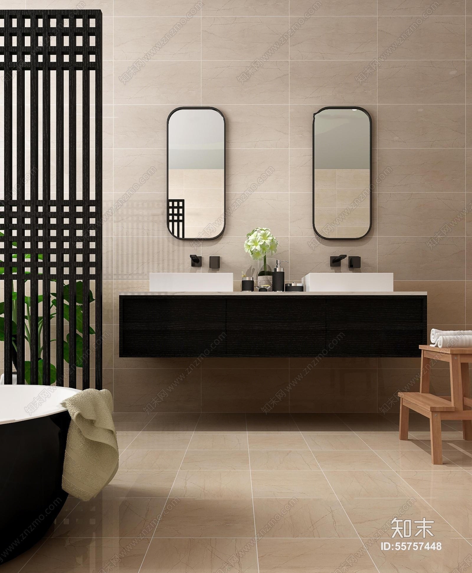 现代台盆镜子浴缸组合3D模型下载【ID:55757448】