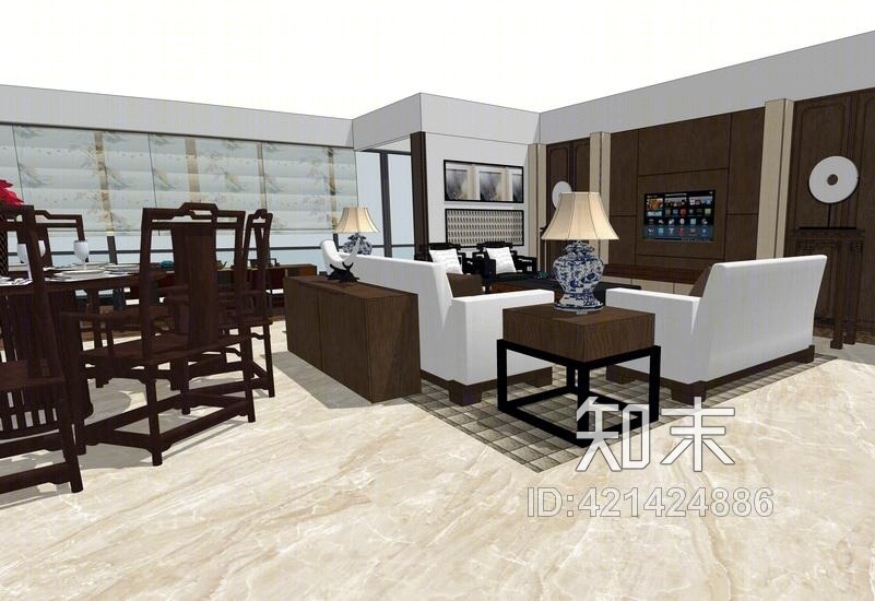 中式风格四房两厅室内设计SU模型下载【ID:421424886】