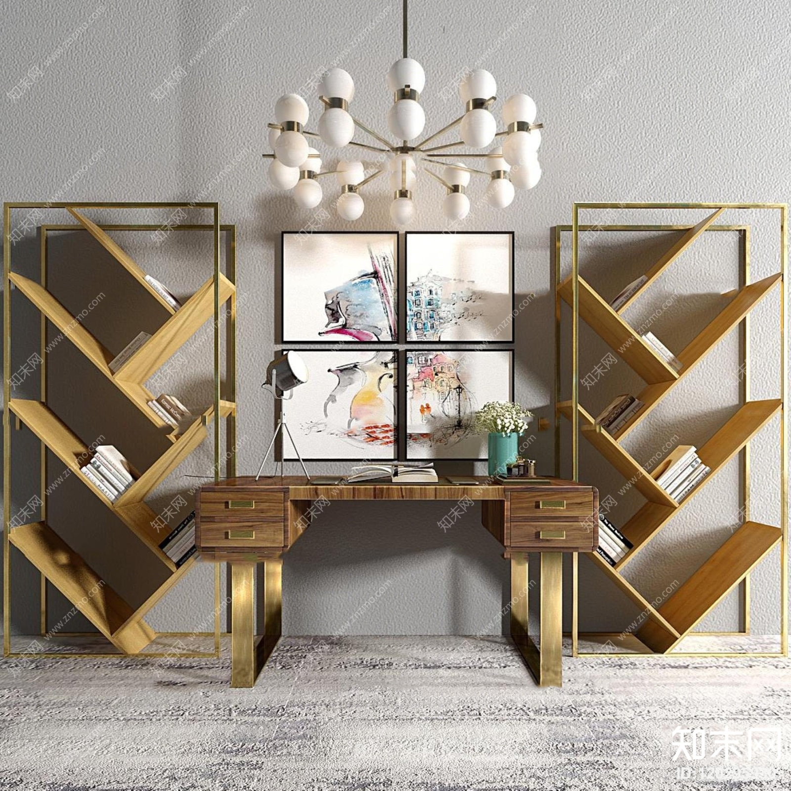 后现代金属书桌书架吊灯组合3D模型下载【ID:120295930】
