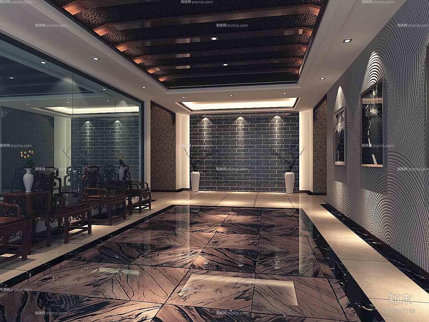 新中式酒店玄关过道3D模型下载【ID:42757783】