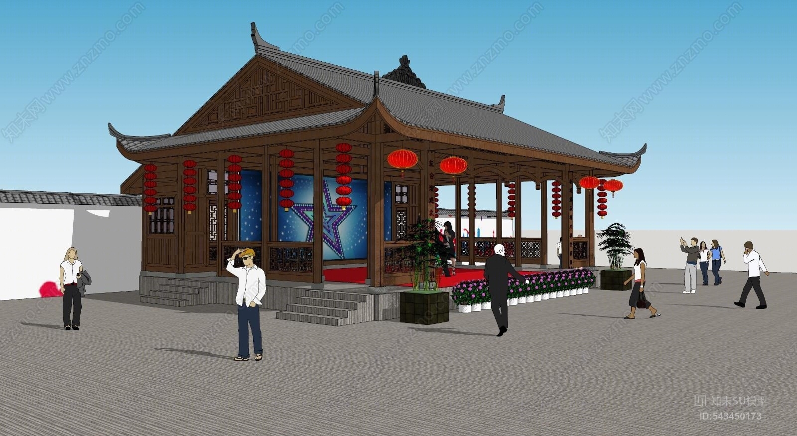 中式木屋大舞台SU模型下载【ID:543450173】