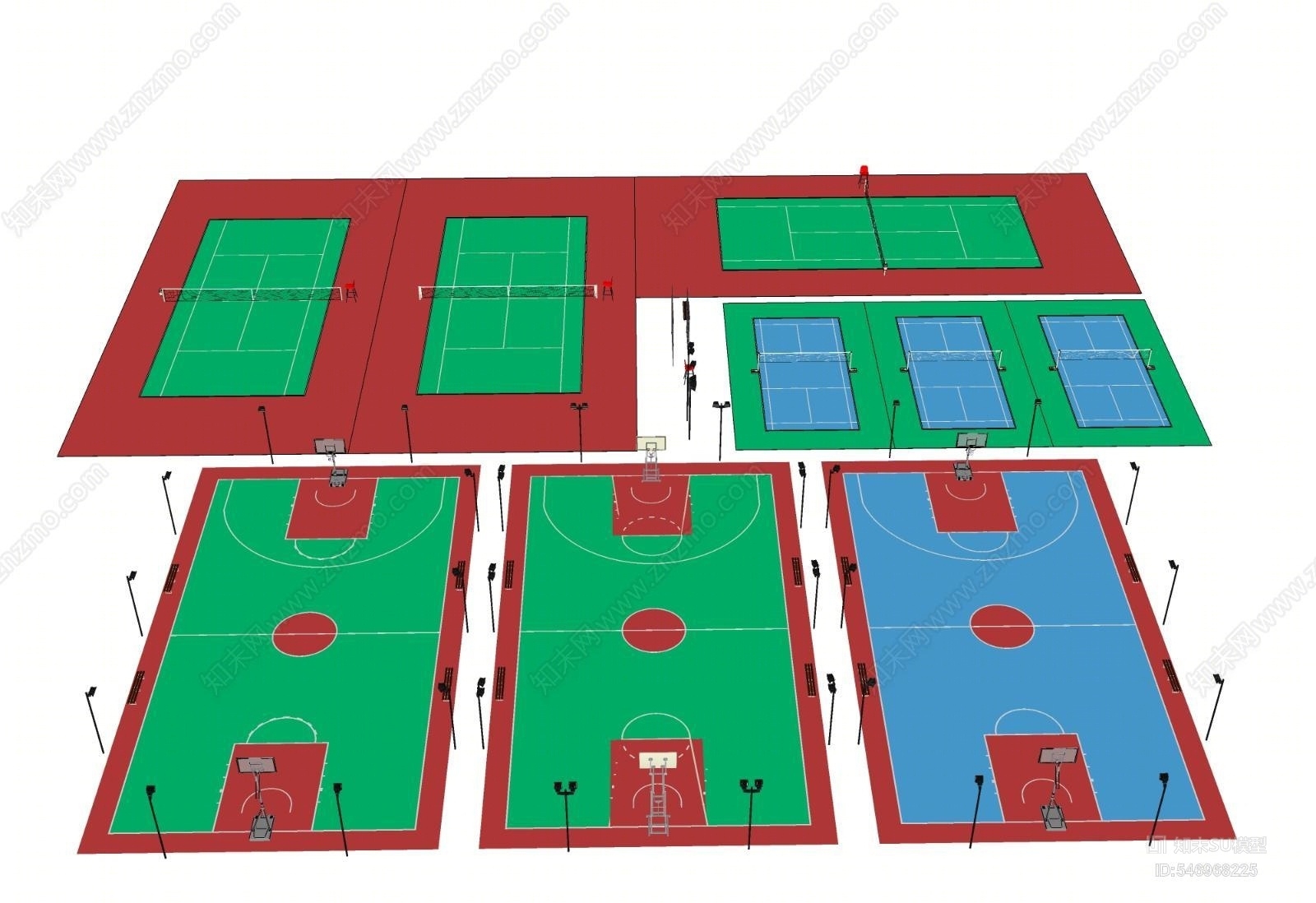 现代篮球场羽毛球场网球场SU模型下载【ID:546968225】