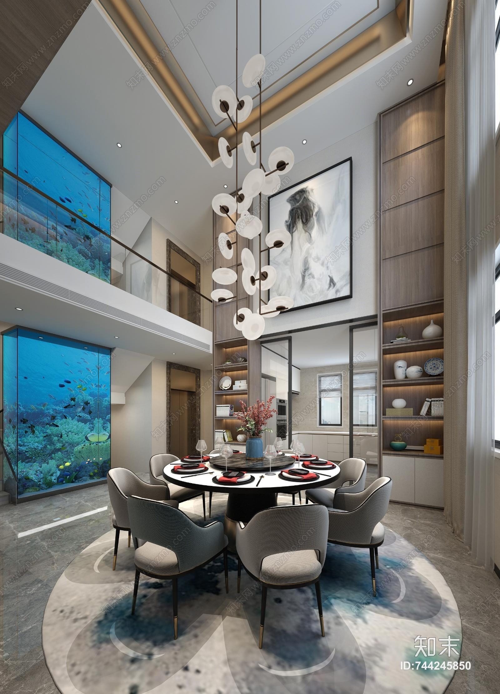中式客餐厅餐桌餐椅鱼缸3D模型下载【ID:744245850】