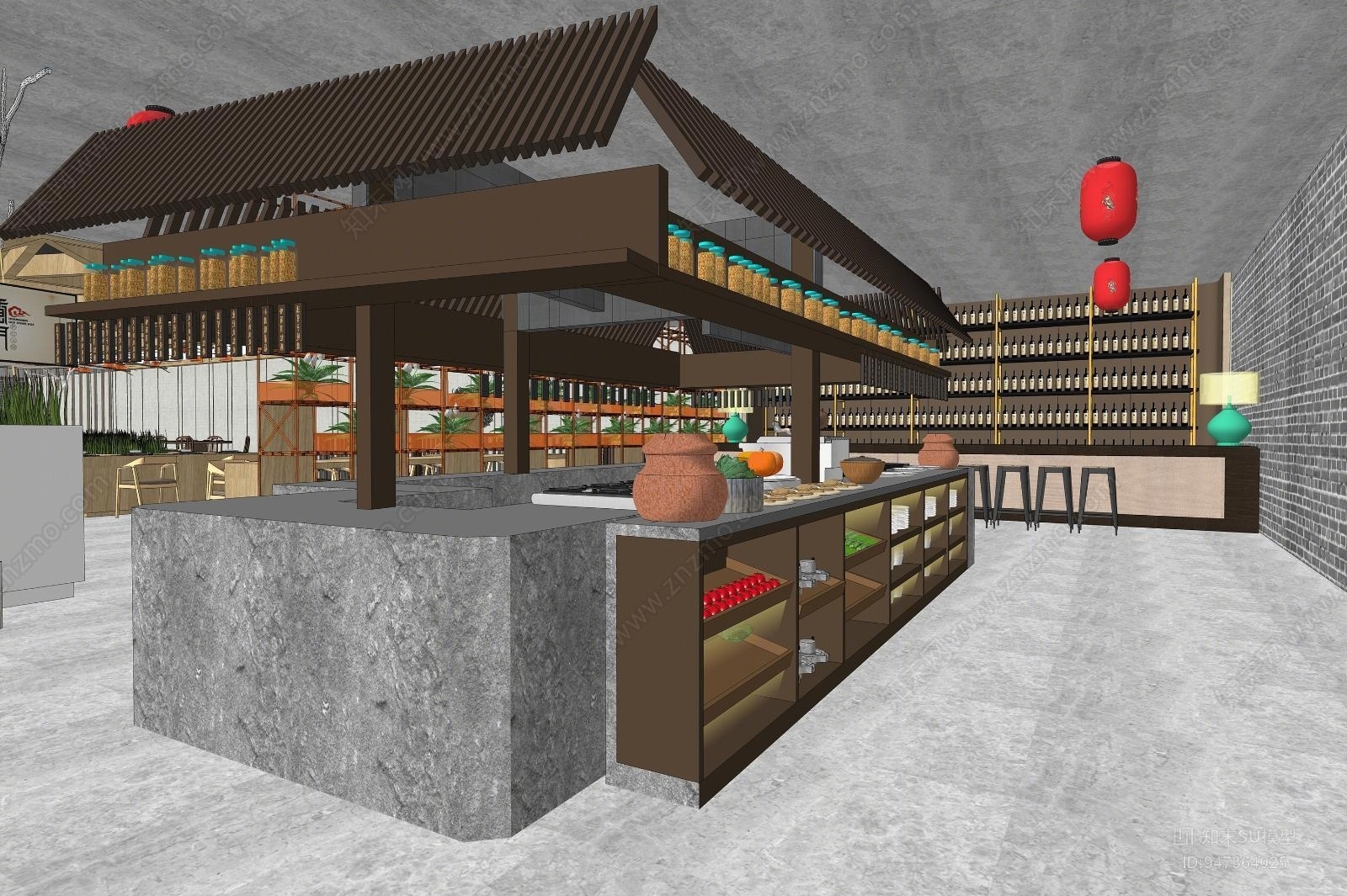 现代简约自助餐厅SU模型下载【ID:947364025】