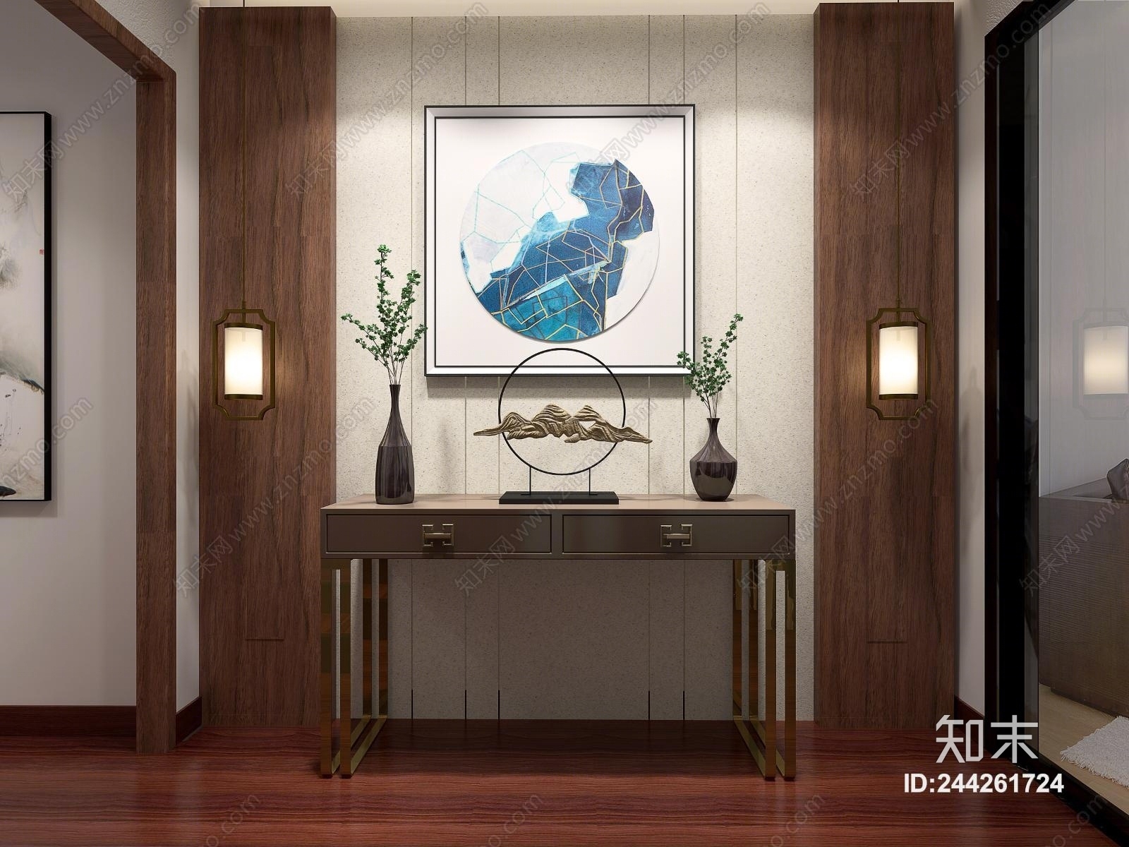 新中式玄关挂画吊灯3D模型下载【ID:244261724】