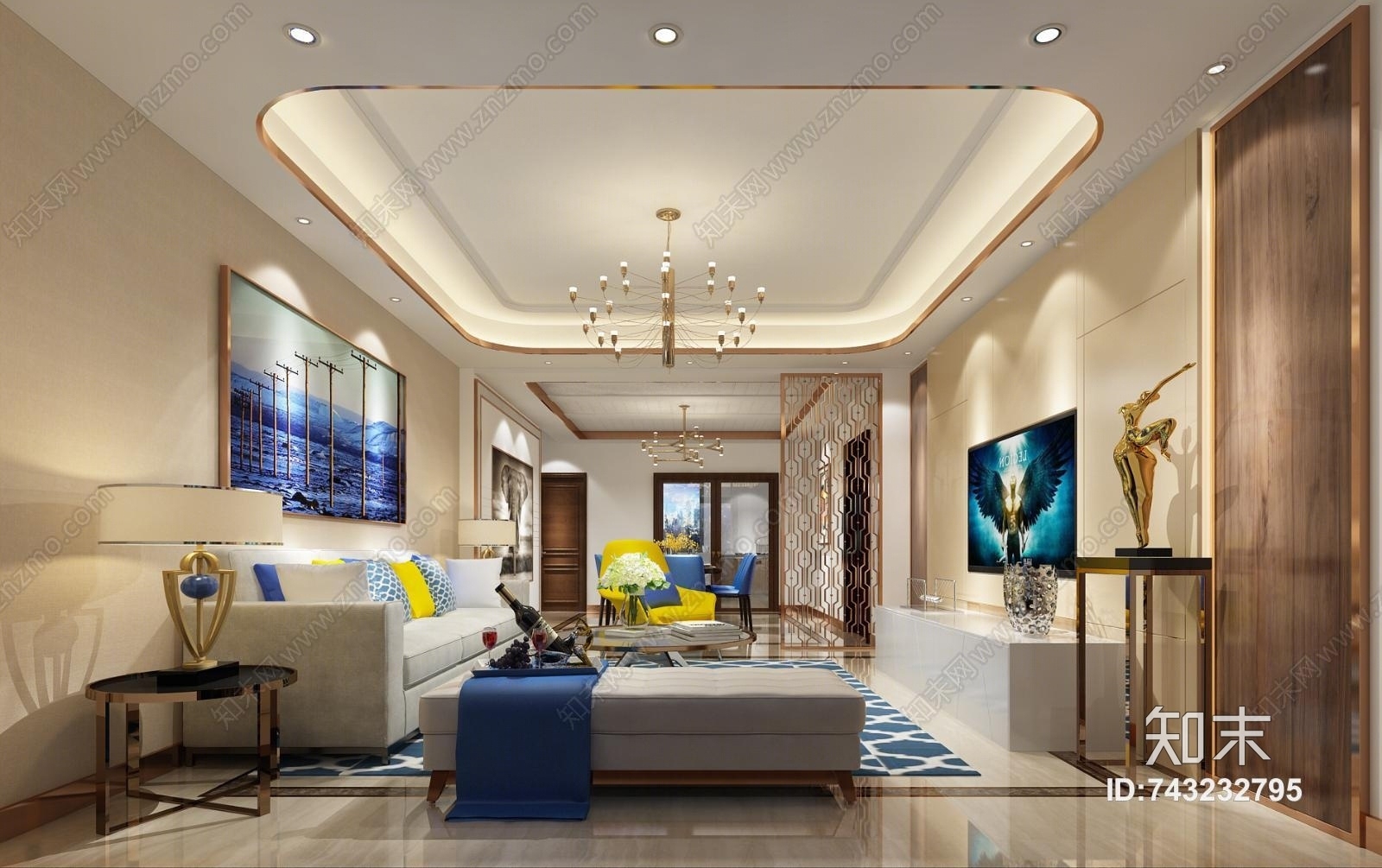 现代简约客厅3D模型下载【ID:743232795】