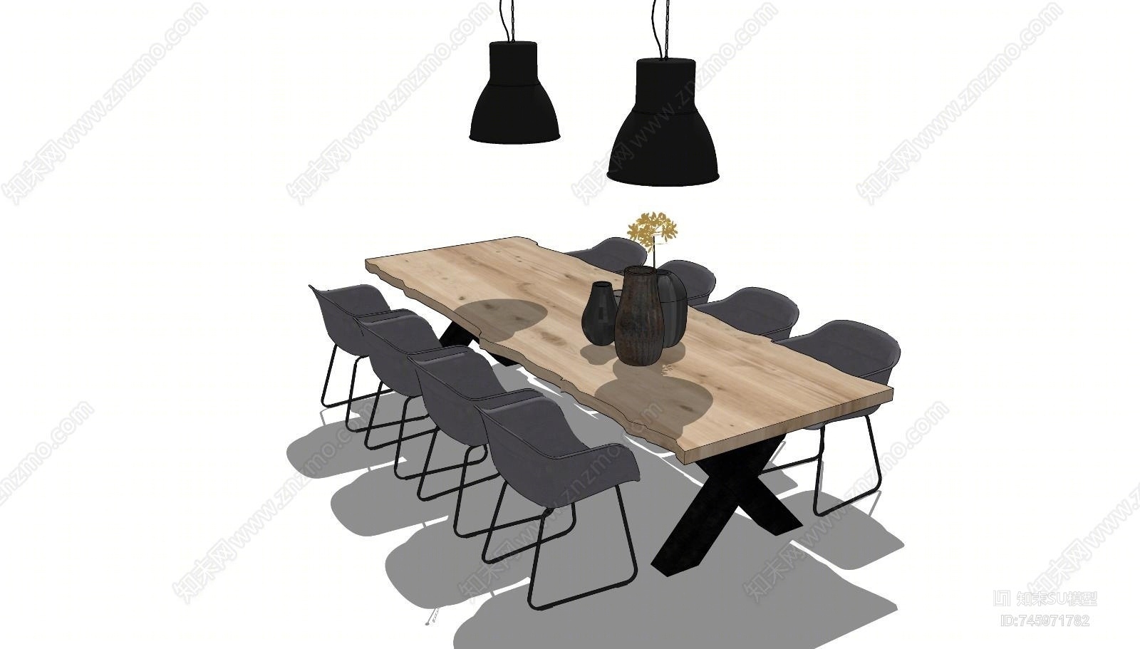 现代风格实木餐桌椅子组合SU模型下载【ID:745971782】
