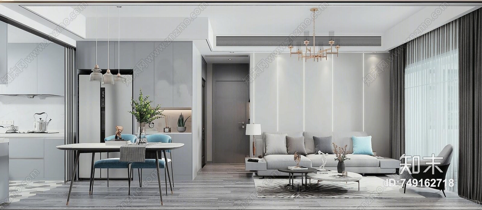北欧客厅餐厅沙发楼廊吊灯茶几沙发背景墙3D模型下载【ID:749162718】