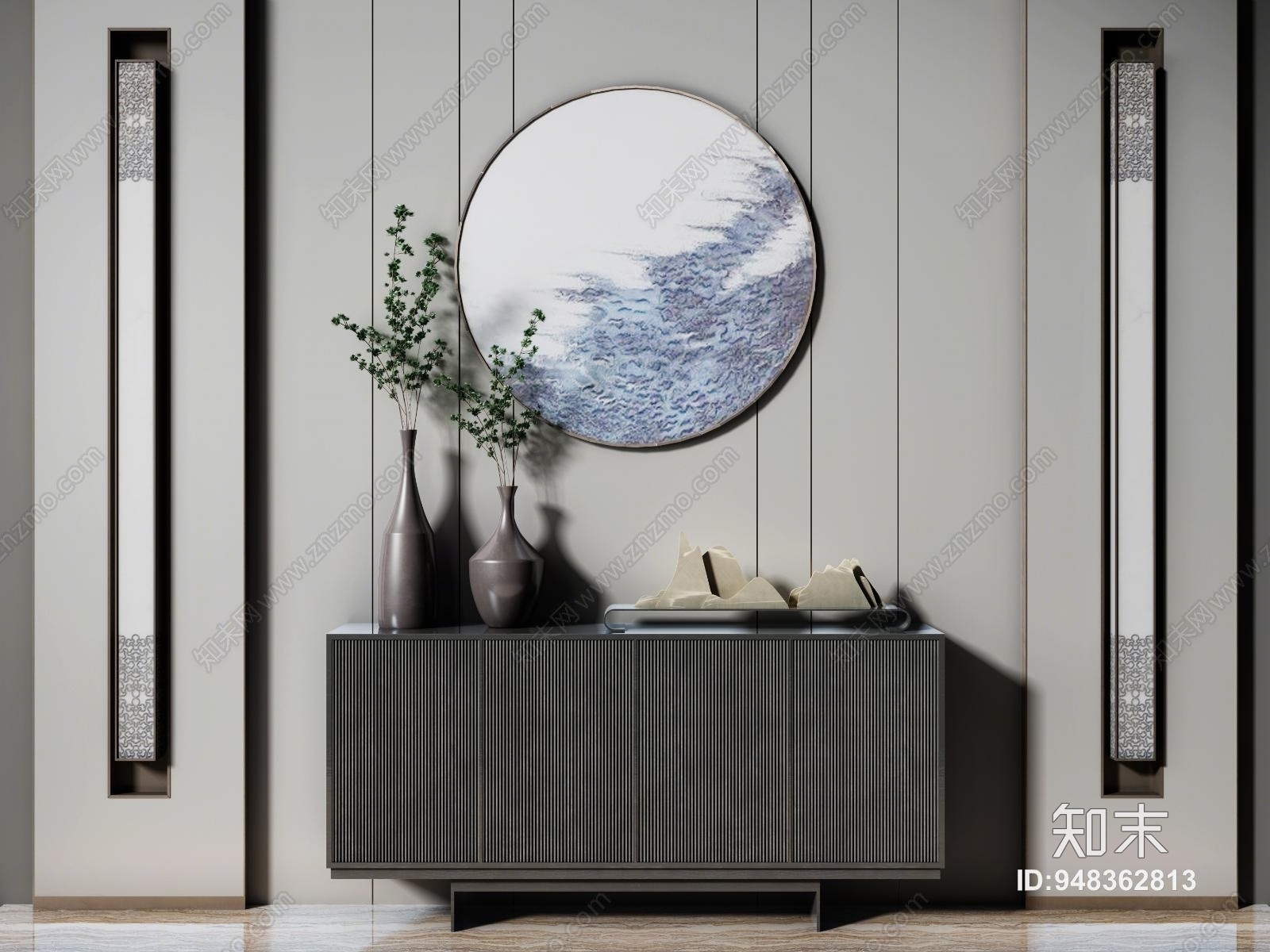 新中式边柜摆件屏风3D模型下载【ID:948362813】