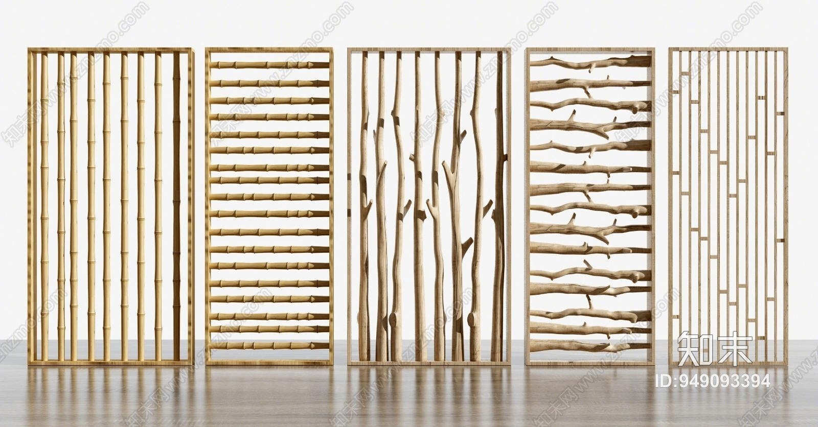 现代原木竹子屏风隔断3D模型下载【ID:949093394】