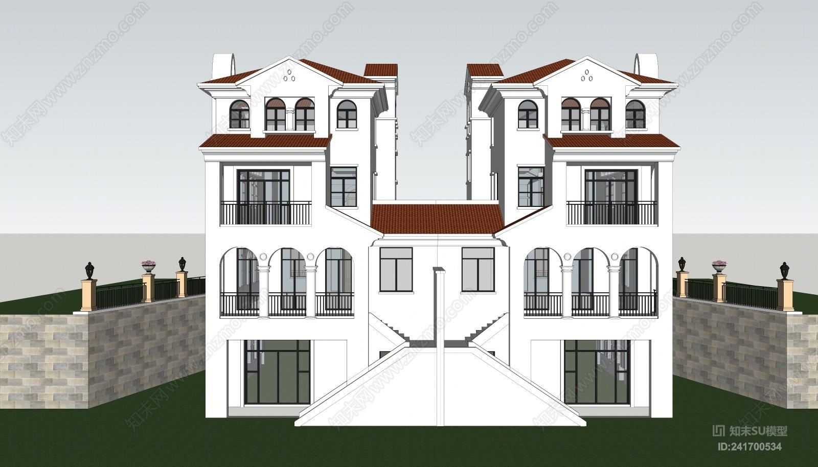 西班牙风格双拼别墅SU模型下载【ID:241700534】
