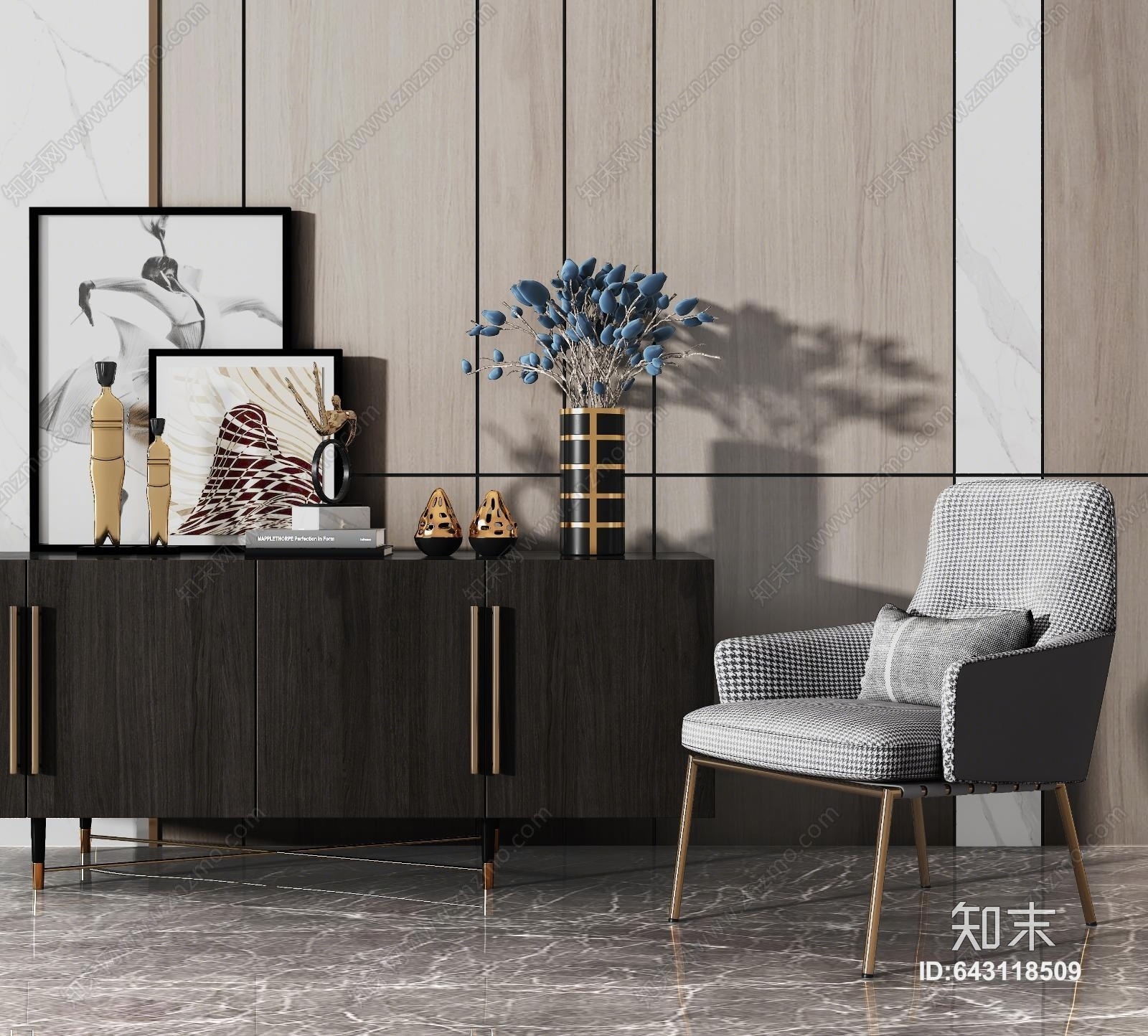 现代椅子边柜装饰摆件组合3D模型下载【ID:643118509】