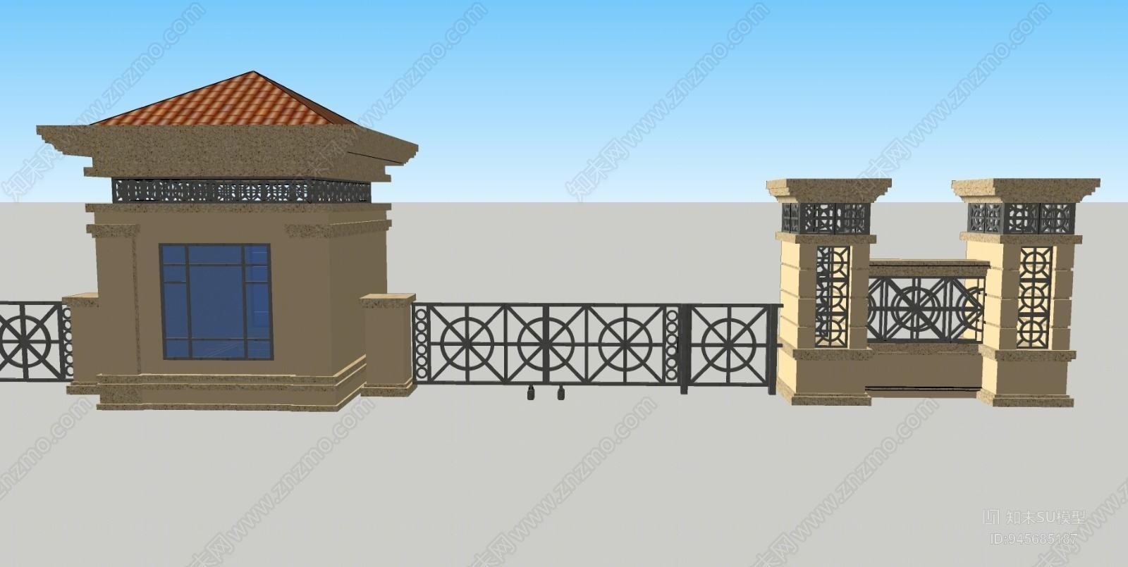 欧式小区铁艺景观大门SU模型下载【ID:945685187】