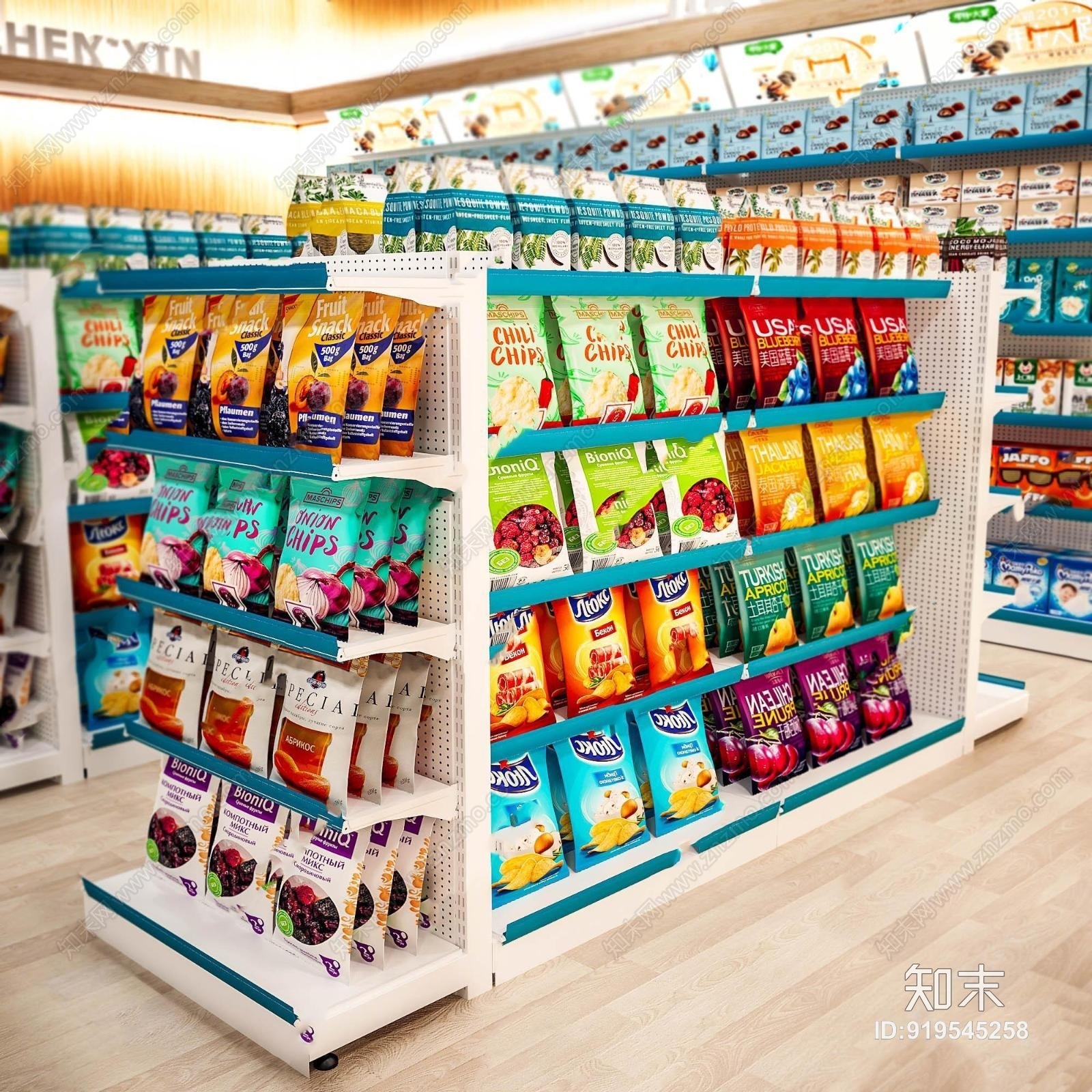 现代超市货架3D模型下载【ID:919545258】