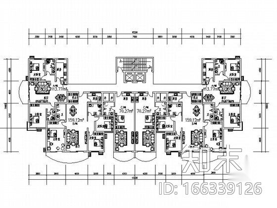 某塔式高层住宅一梯六户户型图（70/110/160）cad施工图下载【ID:166339126】