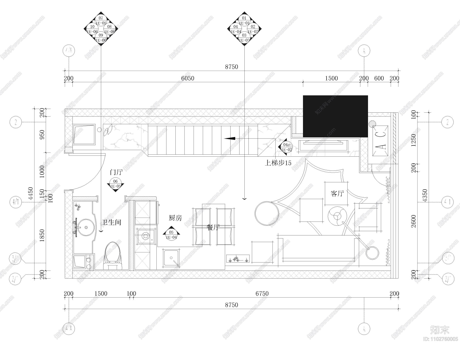 重庆68复式LOFT公寓样板房装修施工图施工图下载【ID:1102760005】