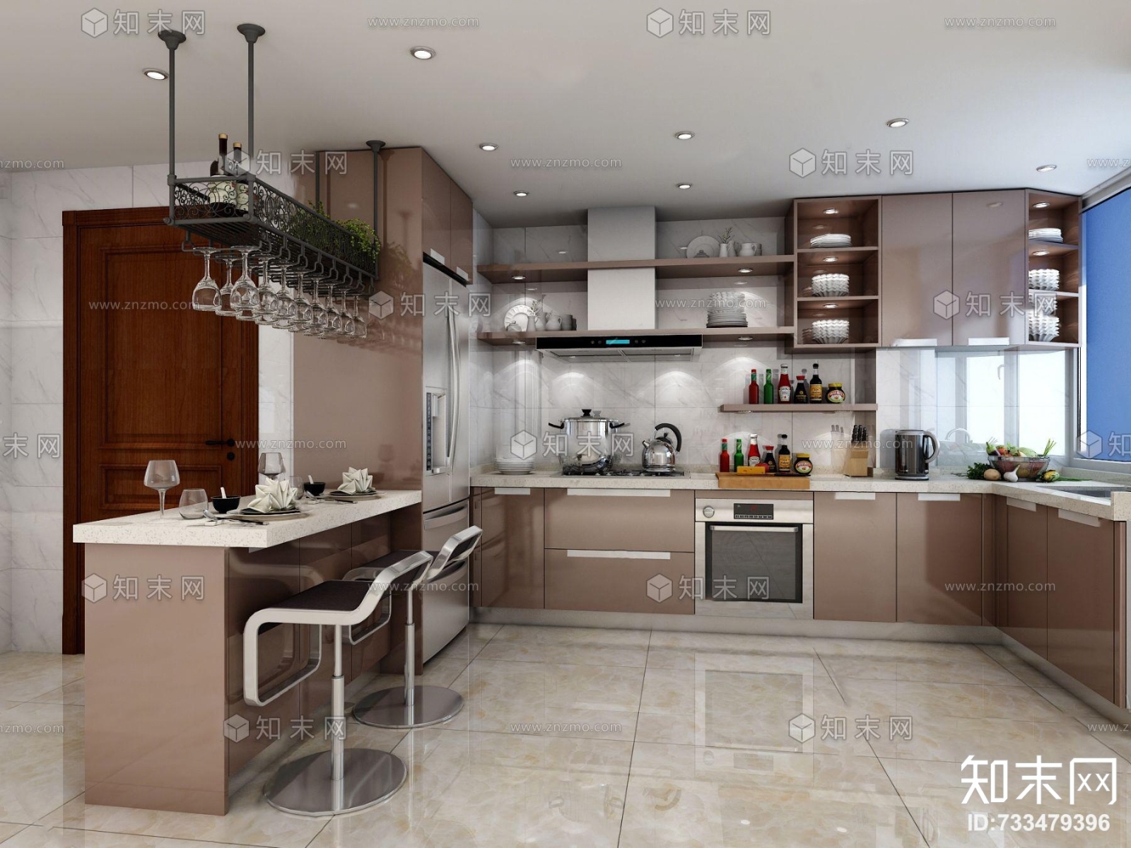 现代厨房橱柜吧台3D模型下载【ID:733479396】