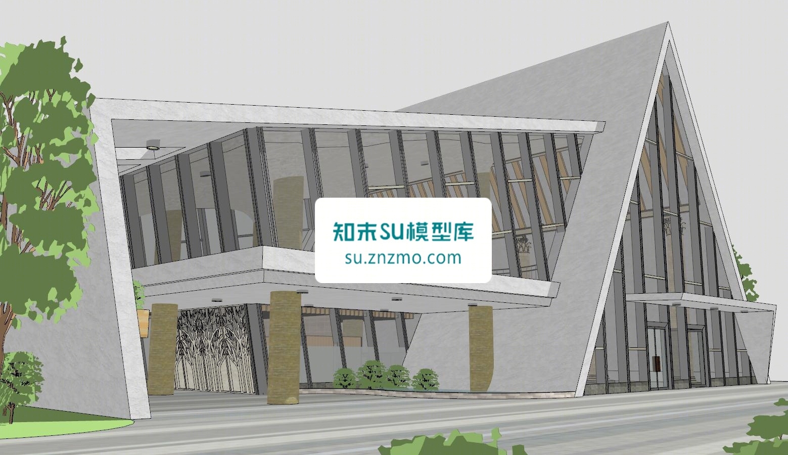 现代异形展馆博物馆建筑SU模型下载【ID:148499200】