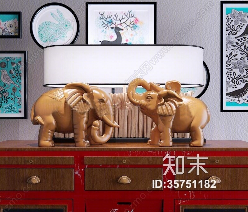 中式大象雕塑摆件组合3D模型下载【ID:35751182】