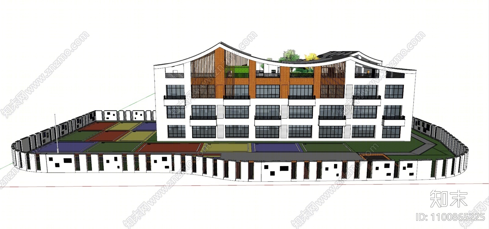 现代规划幼儿园建筑游乐场地模型SU模型下载【ID:1100865225】