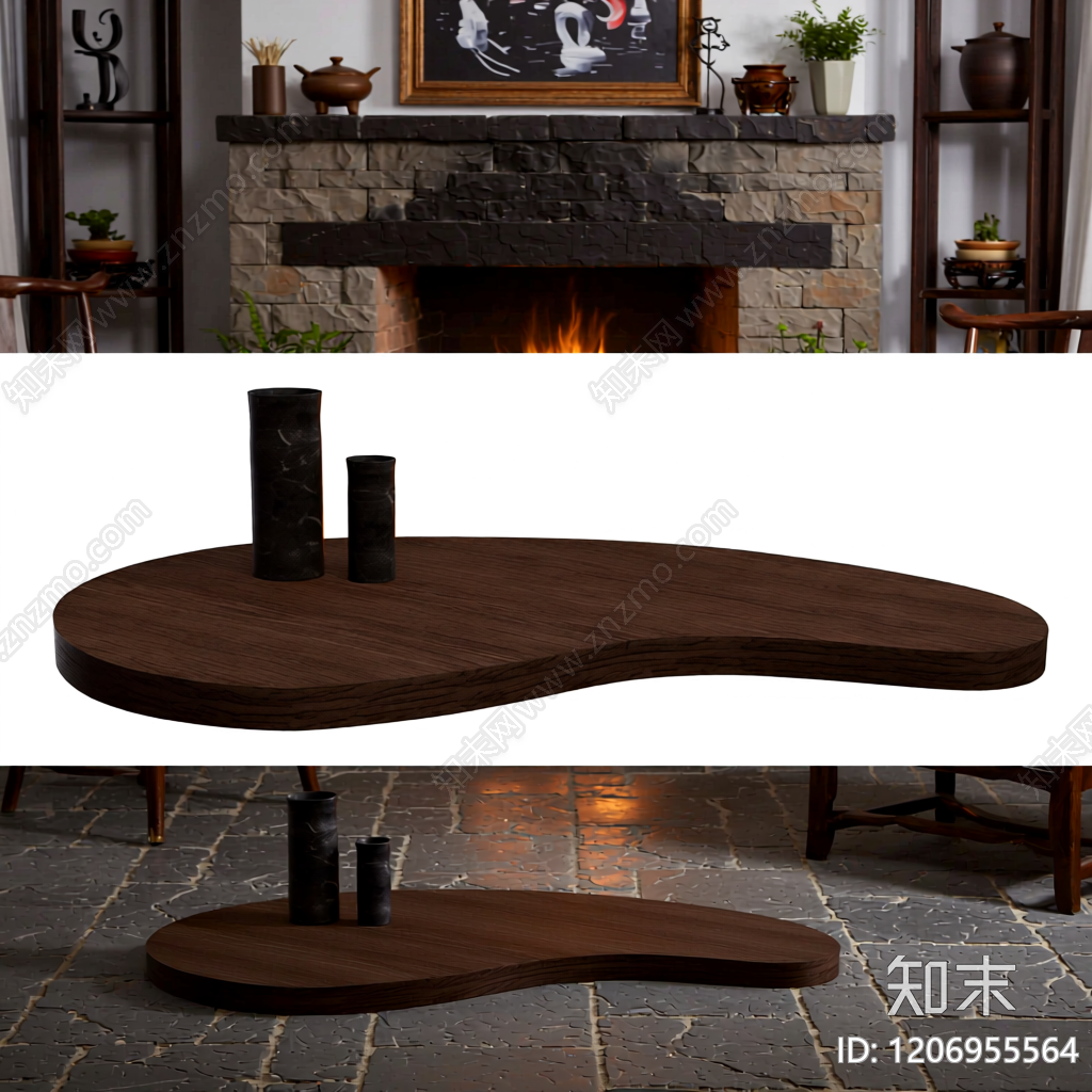 异形木桌配黑瓶装饰3D模型下载【ID:1206955564】