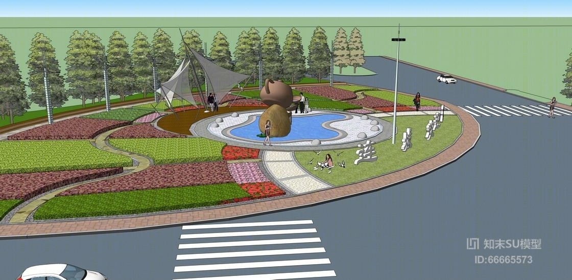 十字路口拐角景观设计SU模型下载【ID:66665573】