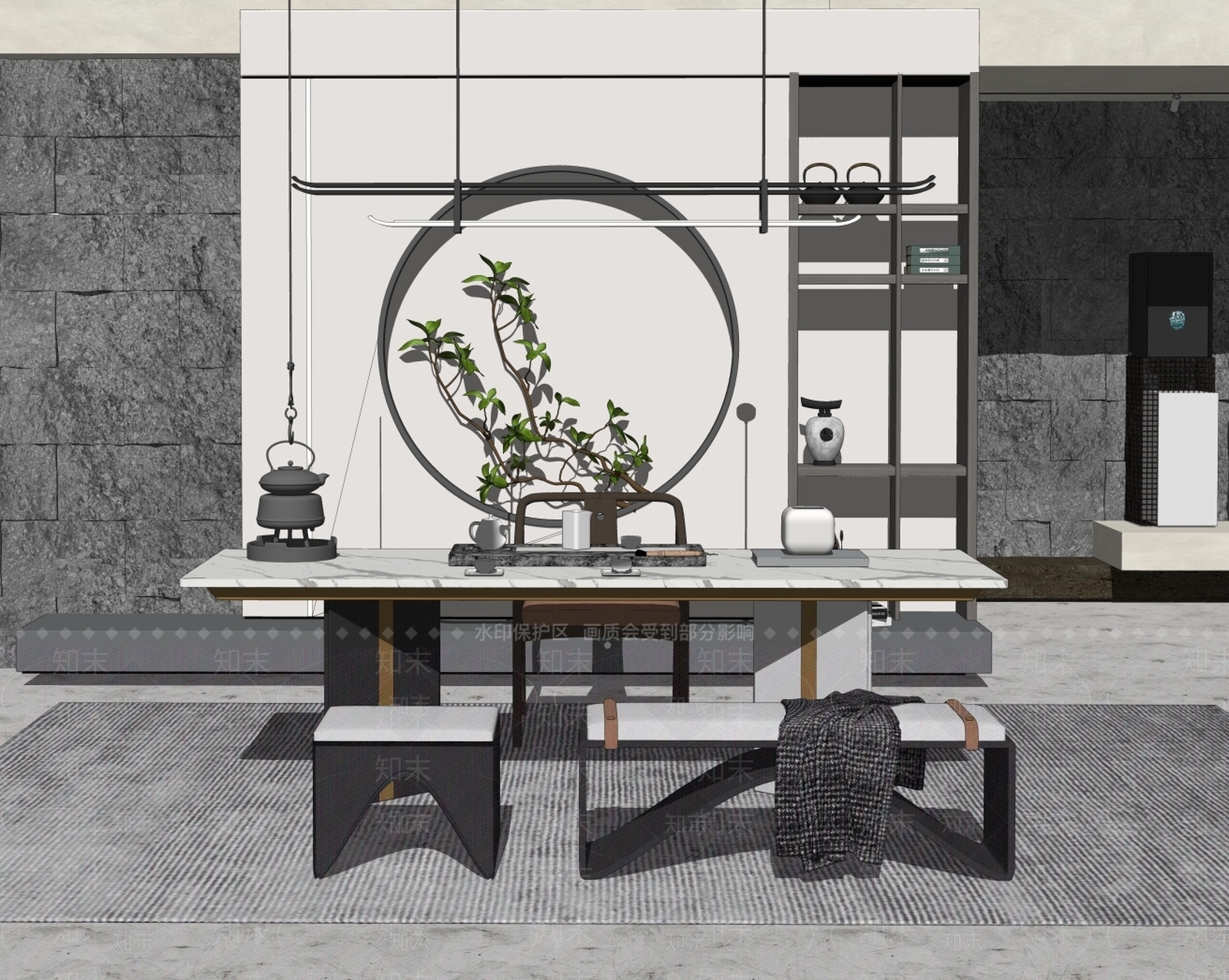 新中式家居茶室SU模型下载【ID:186152227】