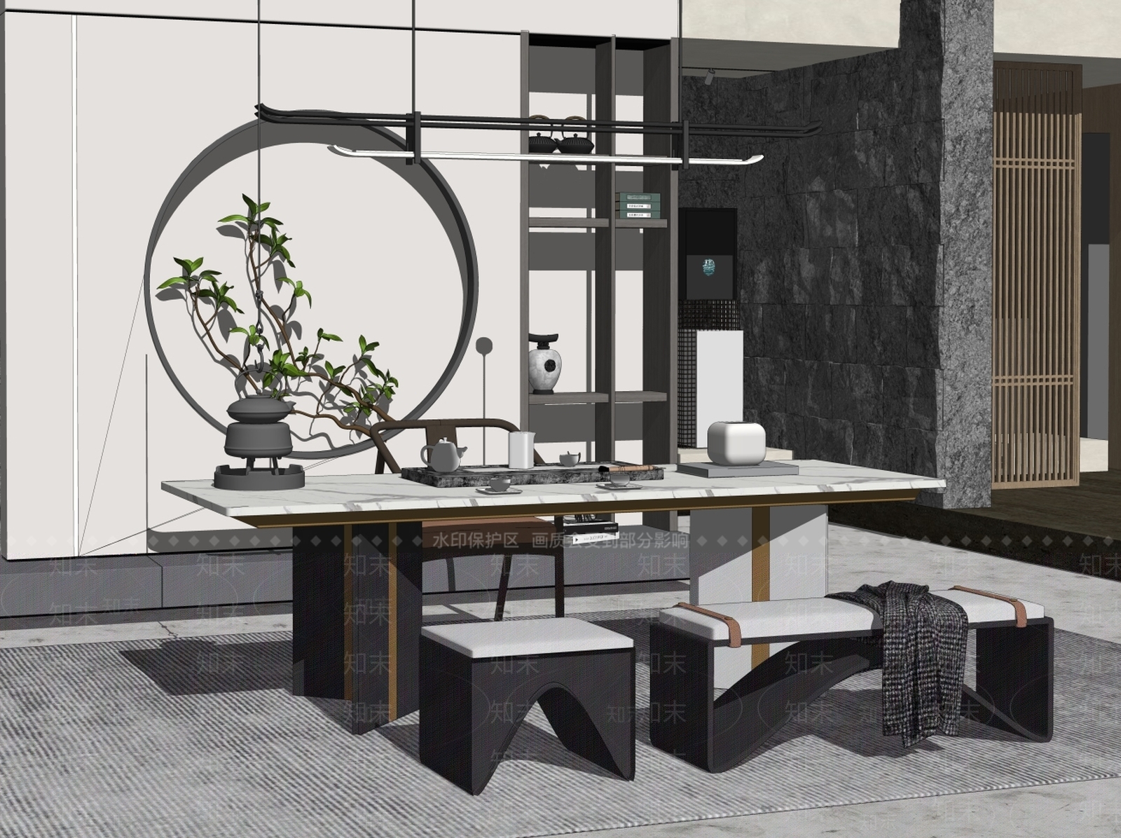 新中式家居茶室SU模型下载【ID:186152227】
