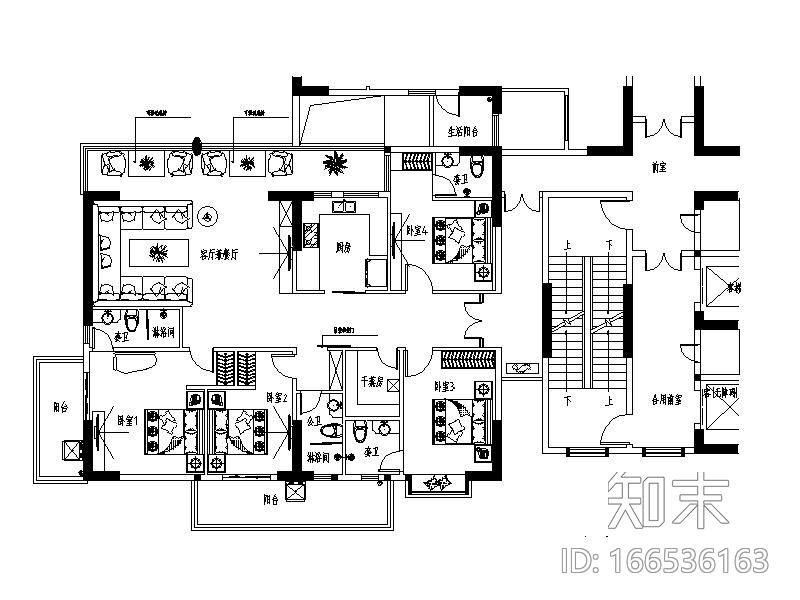 公寓住宅设计平面图cad施工图下载【ID:166536163】