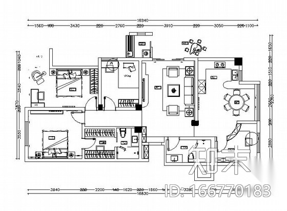 [深圳]时尚简约三室两厅室内设计CAD施工图cad施工图下载【ID:166770183】