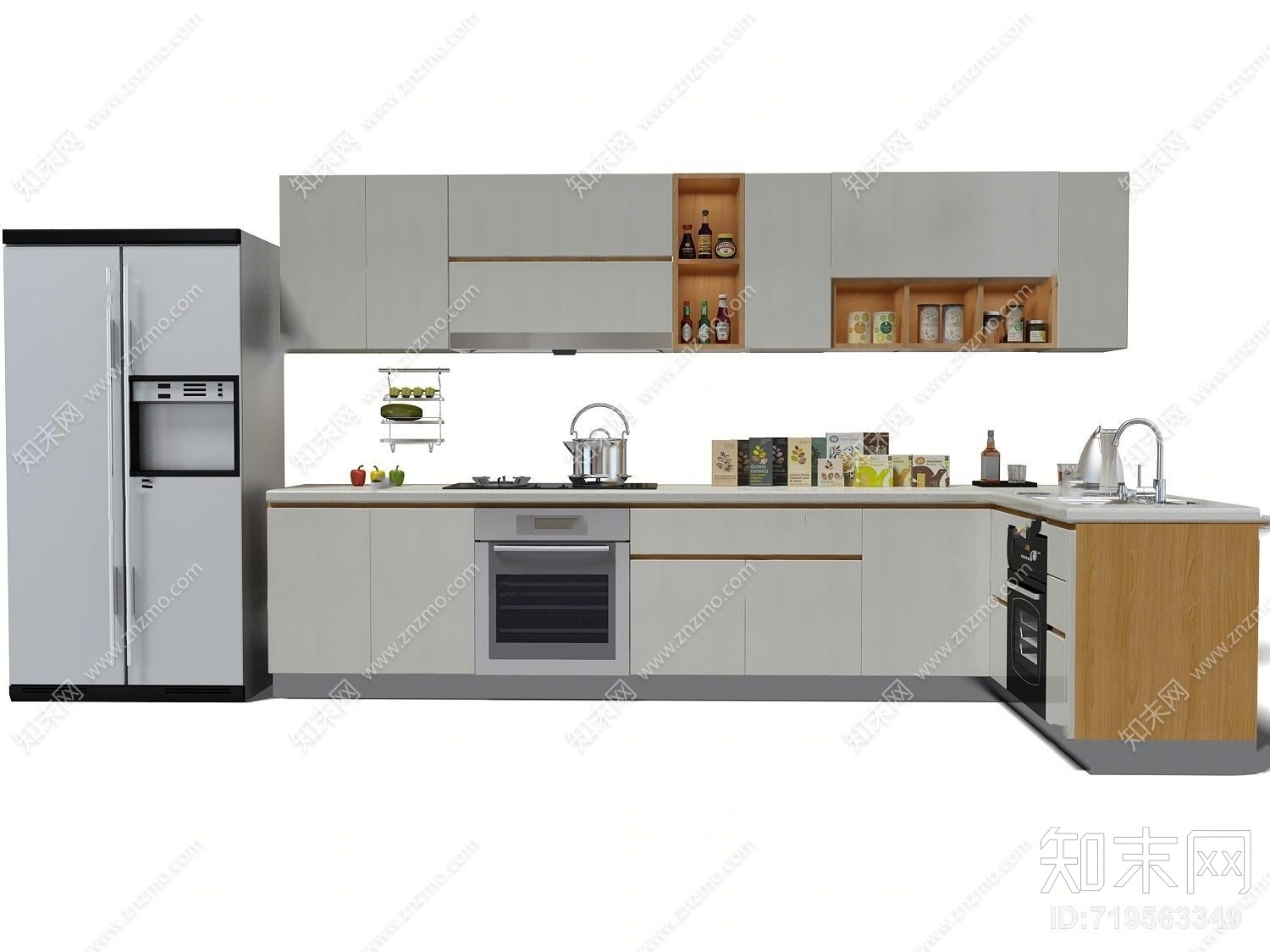 现代橱柜冰箱调味品组合3D模型下载【ID:719563349】