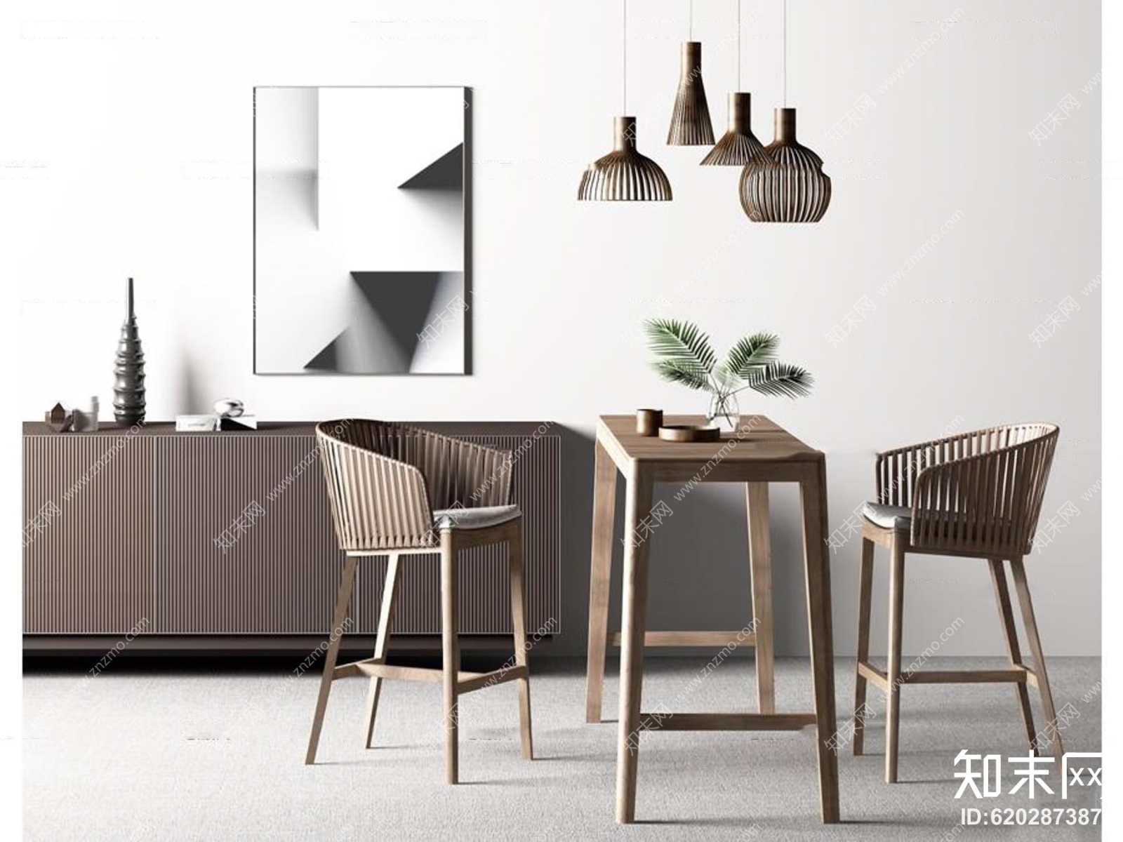 现代实木吧台餐桌椅组合3D模型下载【ID:620287387】