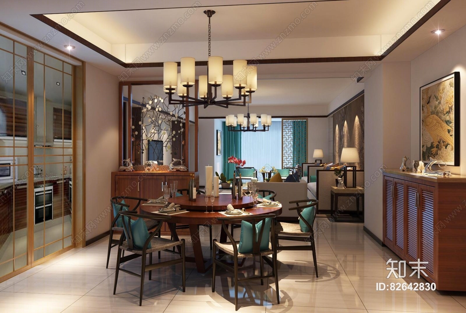 新中式客餐厅3D模型下载【ID:82642830】