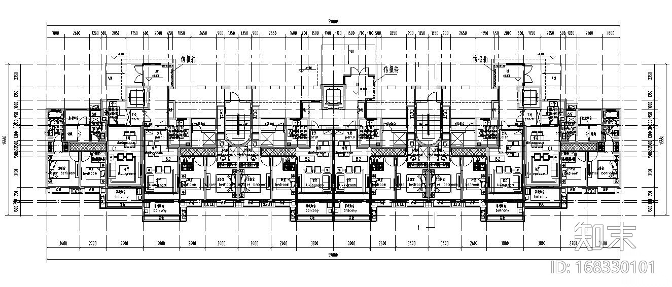 高层户型图-164㎡户型设计cad施工图下载【ID:168330101】