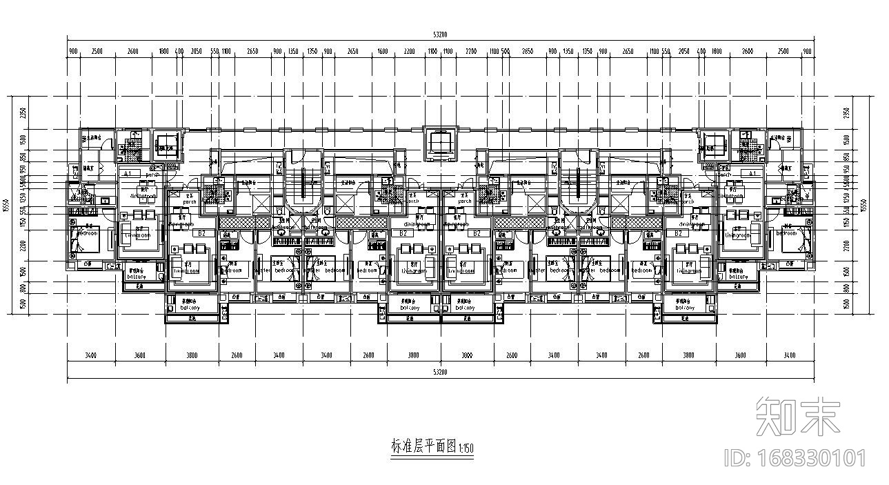 高层户型图-164㎡户型设计cad施工图下载【ID:168330101】