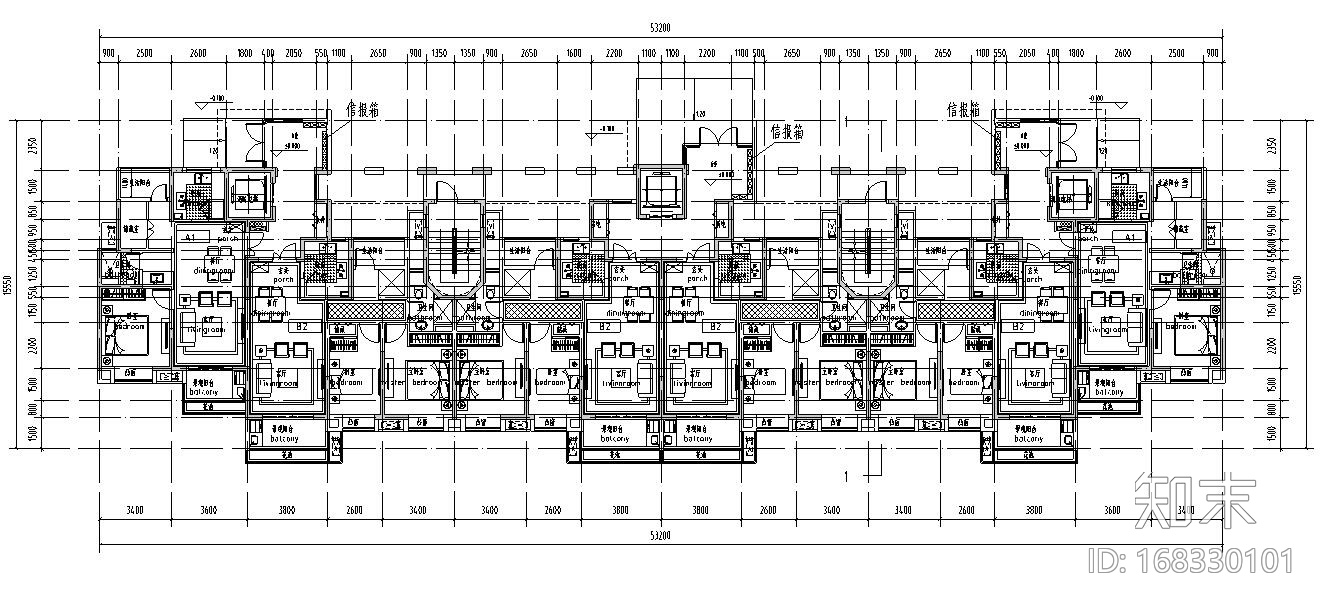 高层户型图-164㎡户型设计cad施工图下载【ID:168330101】